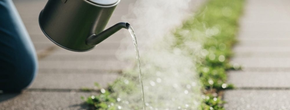 Personne versant de l'eau bouillante sur des mauvaises herbes pour un désherbage à l'eau bouillante efficacité.