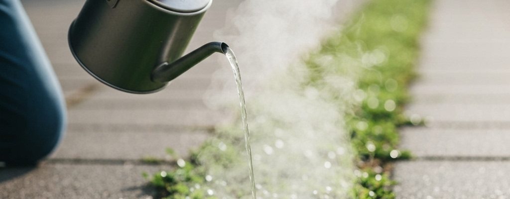 Personne versant de l'eau bouillante sur des mauvaises herbes pour un désherbage à l'eau bouillante efficacité.