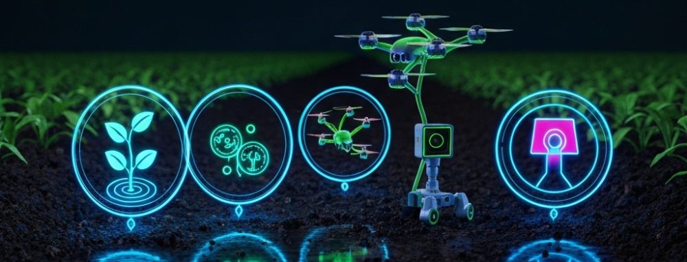 Meilleur désherbage alternatif Hauts-de-France 2026: robots futuristes et outils néon pour agriculture innovante.