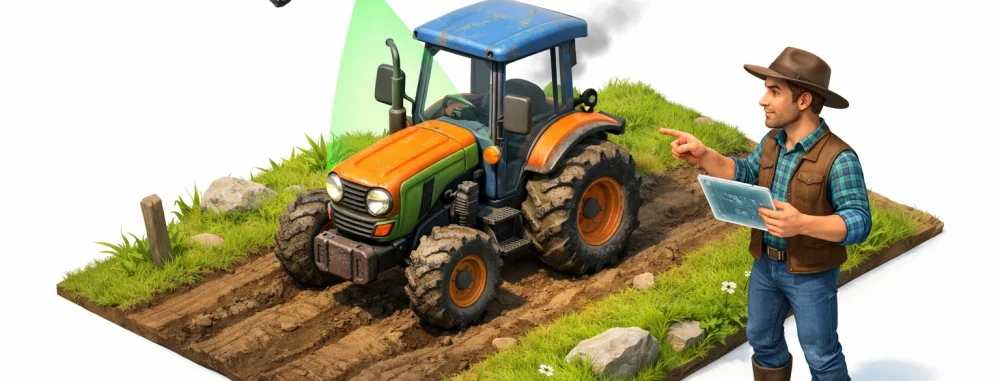 Image isométrique d'un tracteur agricole d'occasion, scanné par un drone. Un agriculteur moderne évalue son état.