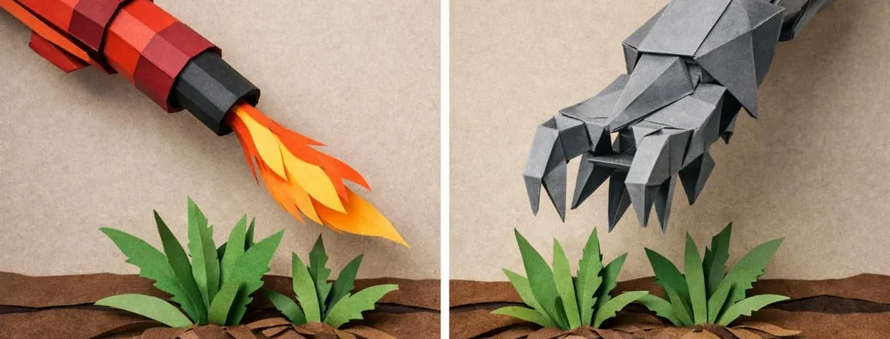 Désherbeuse thermique vs mécanique en paper craft. Comparaison visuelle des deux méthodes pour le jardin.
