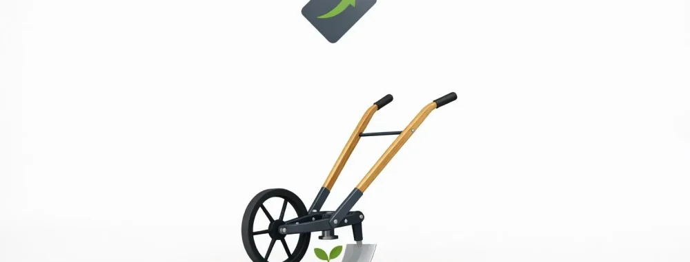 Matériel maraîchage bio prix: illustration minimaliste d'une houe moderne et d'une étiquette de prix avec flèche. Changements