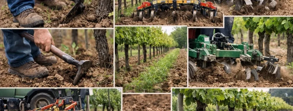 Collage photos désherbage sous rang vigne: évolution des techniques manuelles et mécanisées pour 2026.