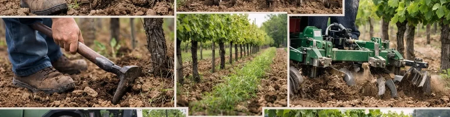 Collage photos désherbage sous rang vigne: évolution des techniques manuelles et mécanisées pour 2026.