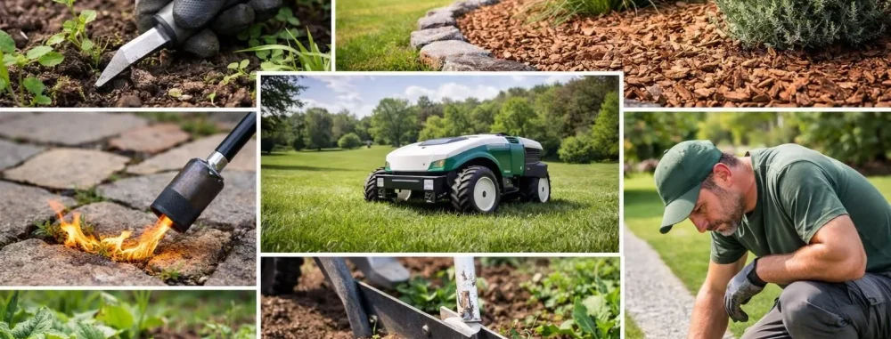 Solutions désherbage innovantes pour jardinier paysagiste: collage d'outils, techniques et résultats professionnels efficaces