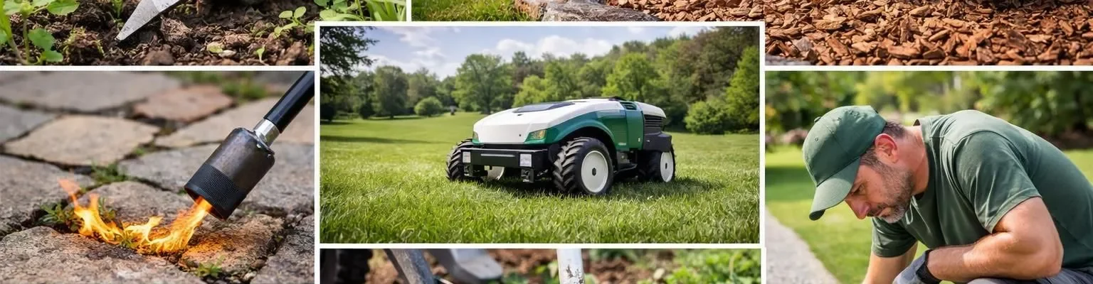Solutions désherbage innovantes pour jardinier paysagiste: collage d'outils, techniques et résultats professionnels efficaces