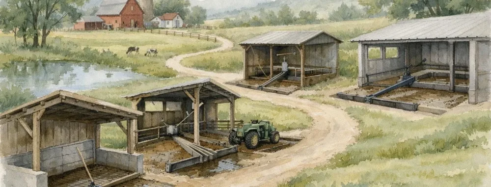 Aquarelle d'un cheminement visuel pour sélectionner un racleur à lisier adapté aux petites exploitations agricoles.
