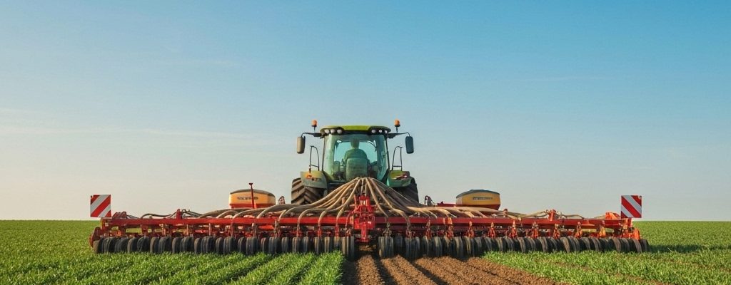 Matériel agricole moderne pour l'agriculture de conservation, un semoir sans labour dans un champ.