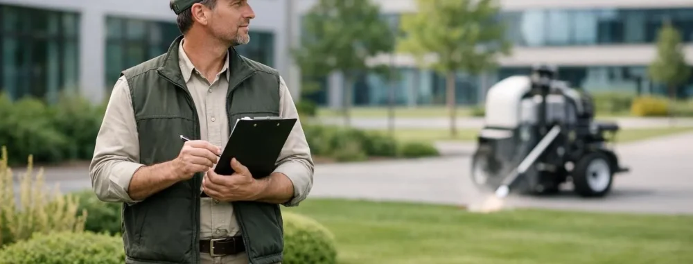 Désherbage alternatif entreprise: un professionnel supervise l'entretien écologique d'espaces verts modernes.