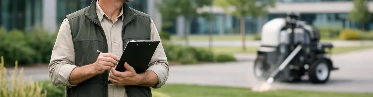 Désherbage alternatif entreprise: un professionnel supervise l'entretien écologique d'espaces verts modernes.