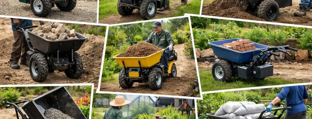 Collage de photos authentiques montrant diverses brouettes électriques robustes transformant le travail dans un jardin profes
