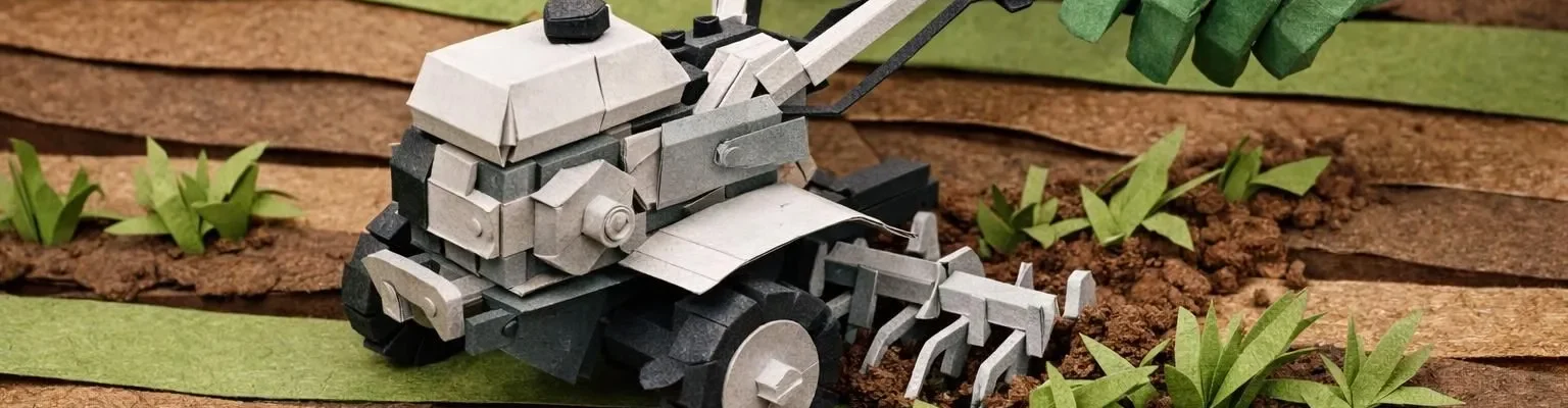 Binage mécanique cultivateur: scène artisanale en papier avec un tracteur désherbant un champ vert texturé. Tactile et créati