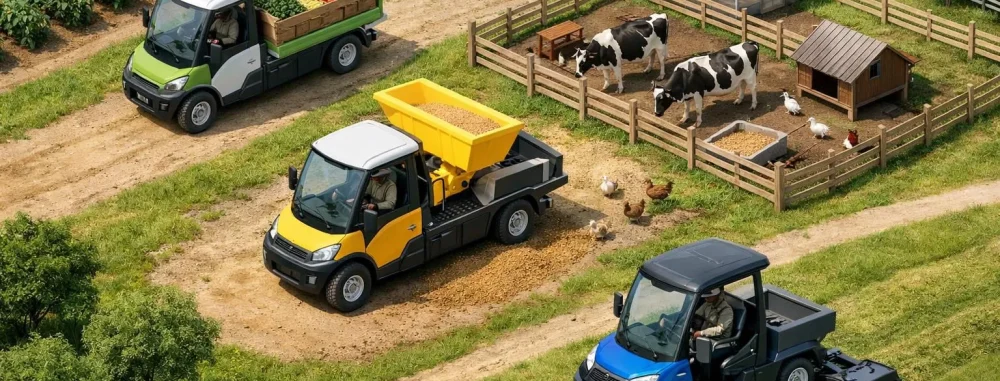 Isometric 3D de trois meilleurs chariots électriques agricoles, divers et modernes, transformant une ferme stylisée.