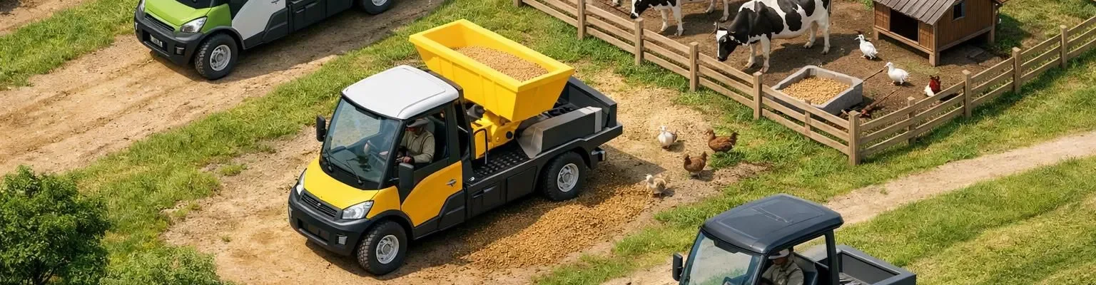 Isometric 3D de trois meilleurs chariots électriques agricoles, divers et modernes, transformant une ferme stylisée.