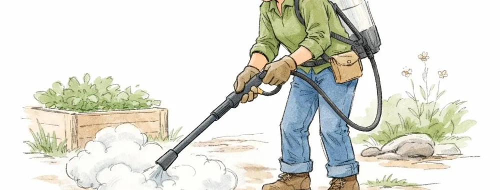 Illustration d'un jardinier souriant désherbant à la vapeur. Les avantages du désherbage vapeur écologique.