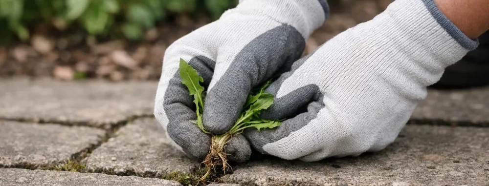 Désherbage alternatif sans flamme: mains retirant manuellement une mauvaise herbe. Méthode efficace et écologique.