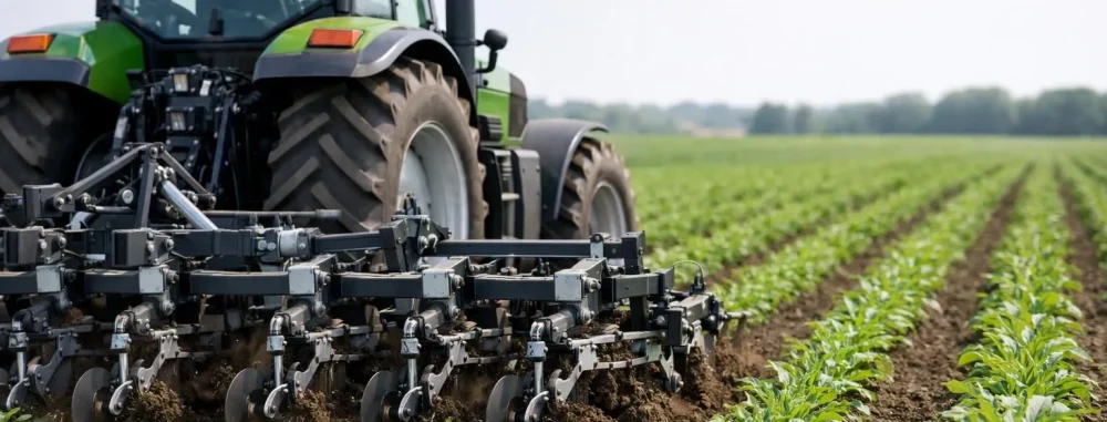 Matériel agricole sans glyphosate: tracteur avec outil de désherbage mécanique en champ cultivé, cultures saines.