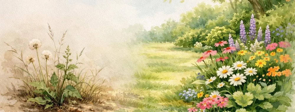 Illustration aquarelle d'un jardin transformé, montrant une solution anti mauvaise herbe durable pour des espaces verts sains