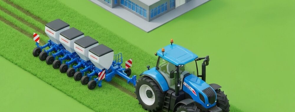 Fabricant matériel agricole français : Scène 3D isométrique moderne avec tracteur, drone et usine innovants.