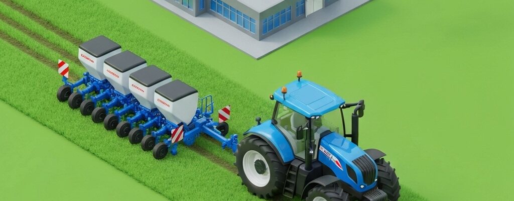Fabricant matériel agricole français : Scène 3D isométrique moderne avec tracteur, drone et usine innovants.