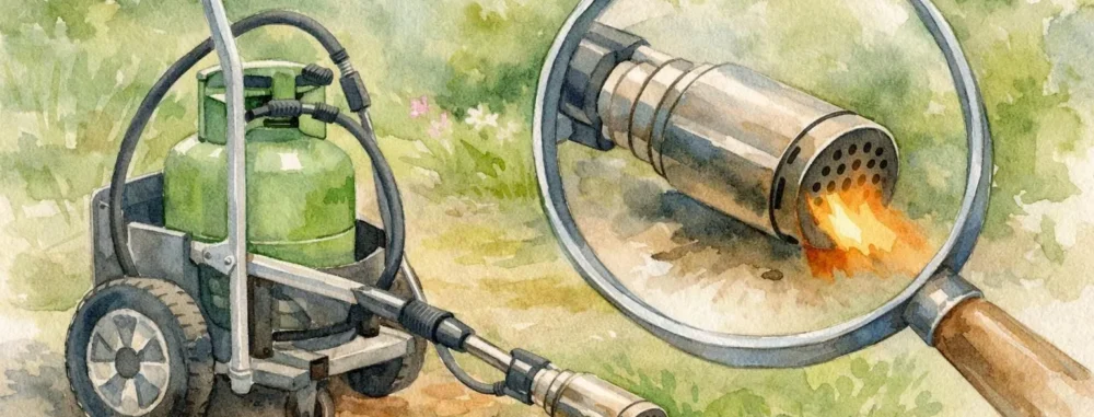 Illustration aquarelle douce d'une désherbeuse thermique STAS BRULSTAR sous une loupe, symbolisant un test complet et évaluat