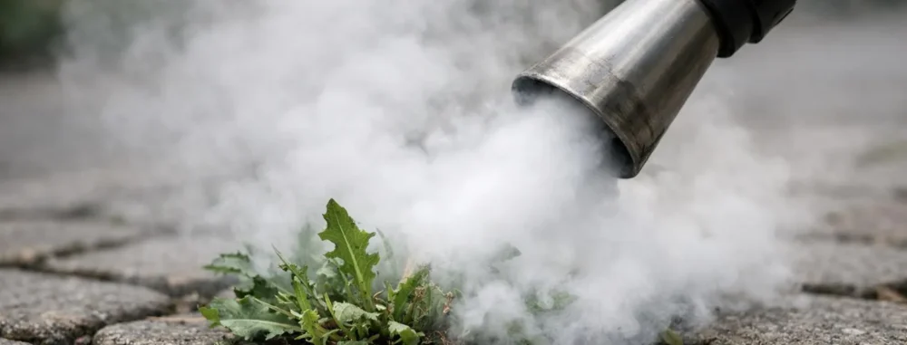 Quelle solution désherbage pour collectivité? Désherbage thermique écologique de mauvaises herbes urbaines entre pavés.