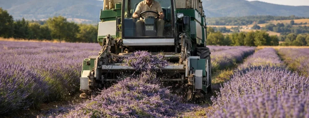 "Matériel pour récolte lavande en Provence, faucheuse dans un champ de lavande"