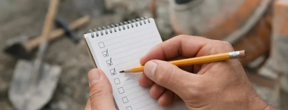 "Main tenant un cahier et un crayon sur un chantier BTP, évaluation matériel"