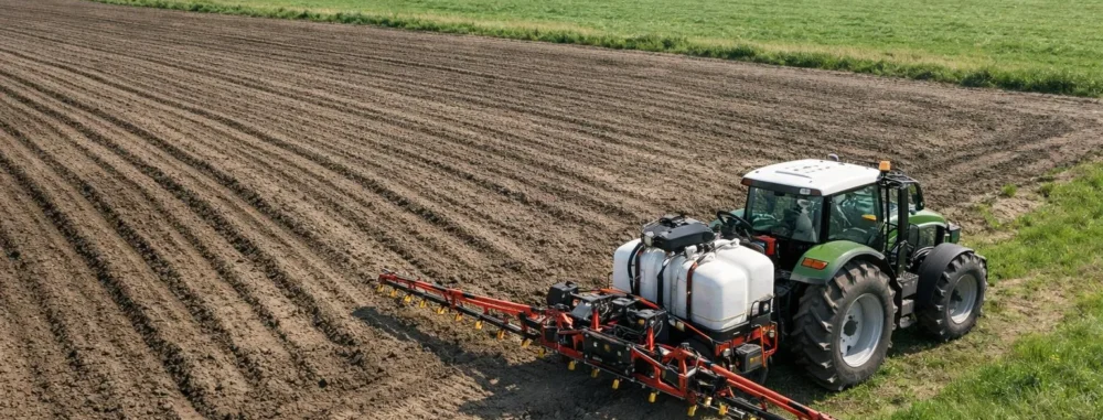 Tracteur avec outil de désherbage pré-levée dans un champ labouré au printemps