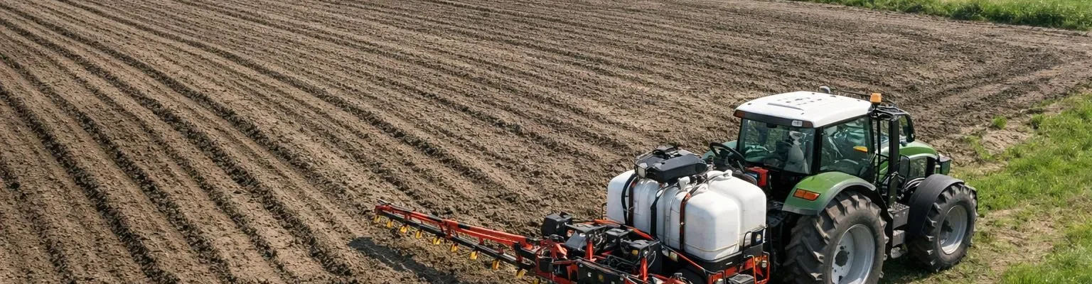 Tracteur avec outil de désherbage pré-levée dans un champ labouré au printemps